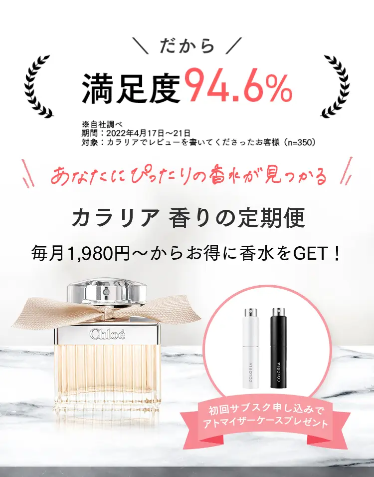 だから
満足度94.6%

あなたにぴったりの香水が見つかる
カラリア香りの定期便
毎月1,980円～からお得に香水をGET！

初回サブスク申し込みでアトマイザープレゼント